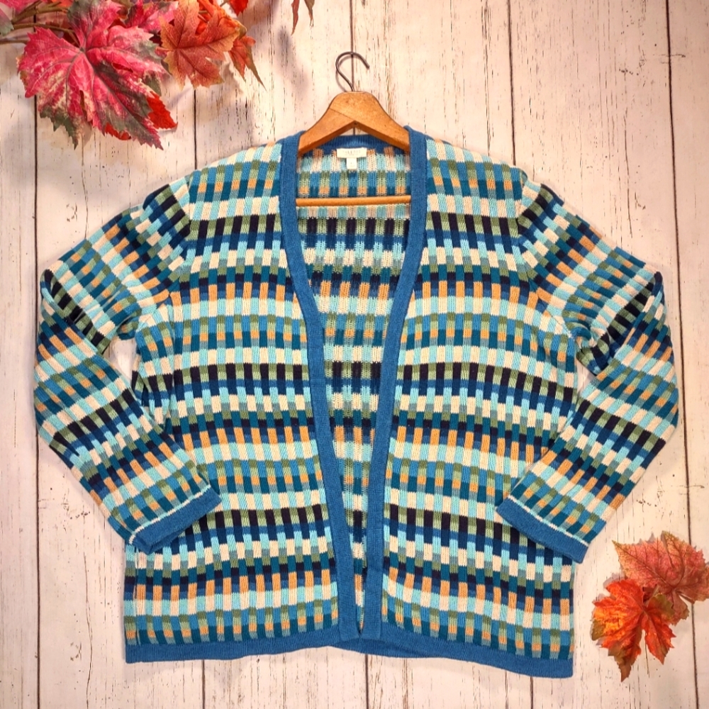 Talbots Cotton Geometric Stripe Block Open Front Cardigan Blue